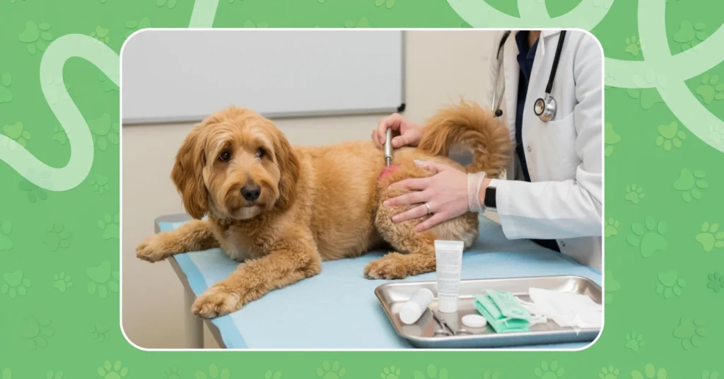 Veterinarian examining a golden doodle's sore bum on an exam table