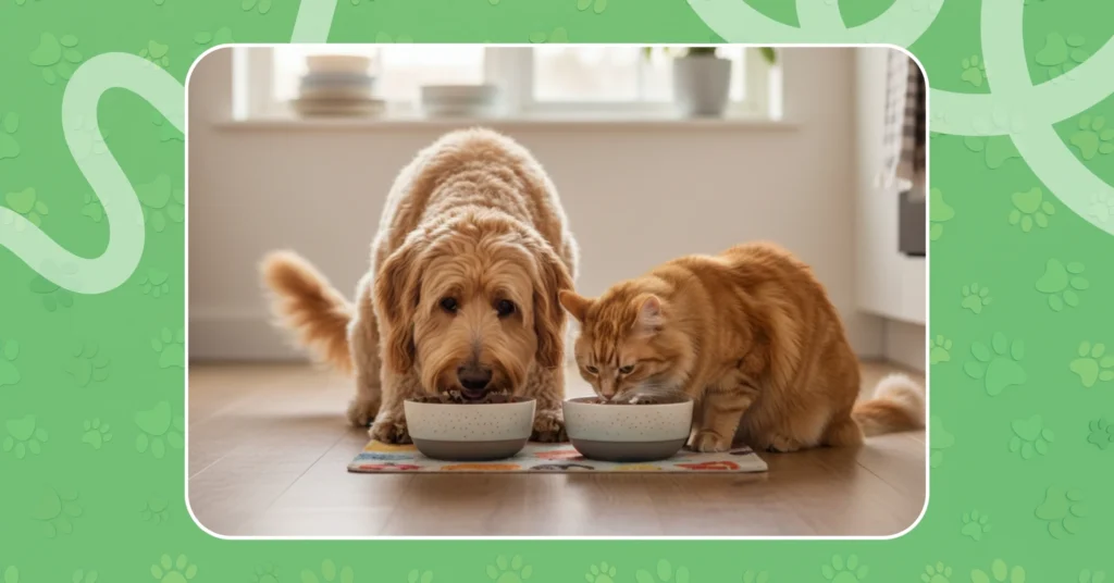 Dog and cat eating healthy pet food from bowls in a kitchen