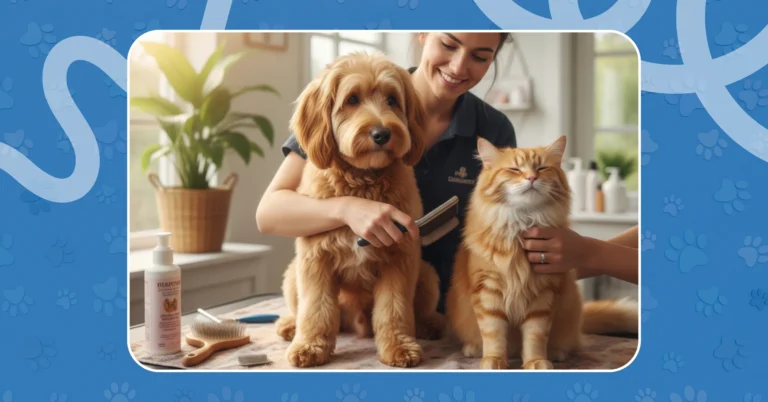 Professional groomer brushing a happy golden doodle and petting a happy ginger cat