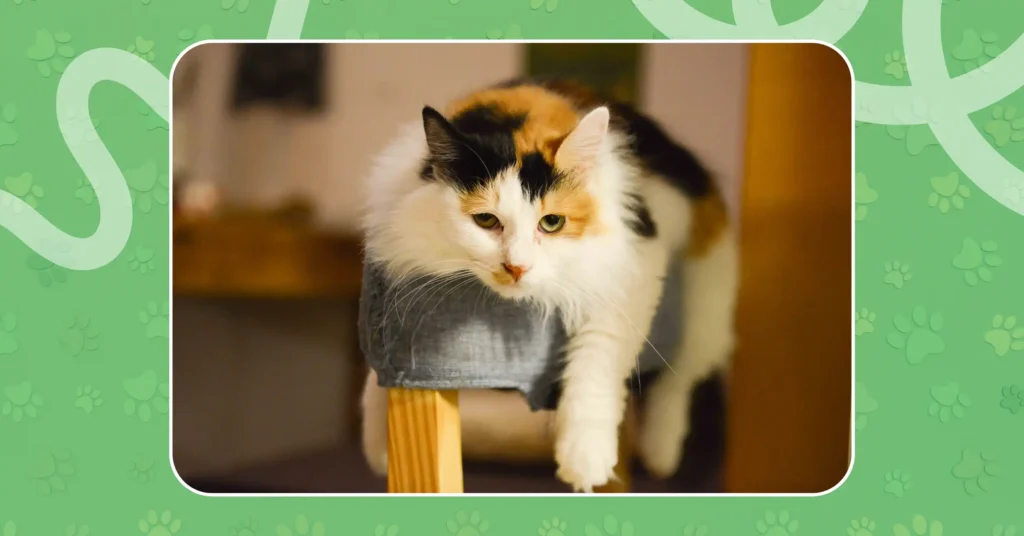 Long-haired calico cat relaxing on a cushion indoors
