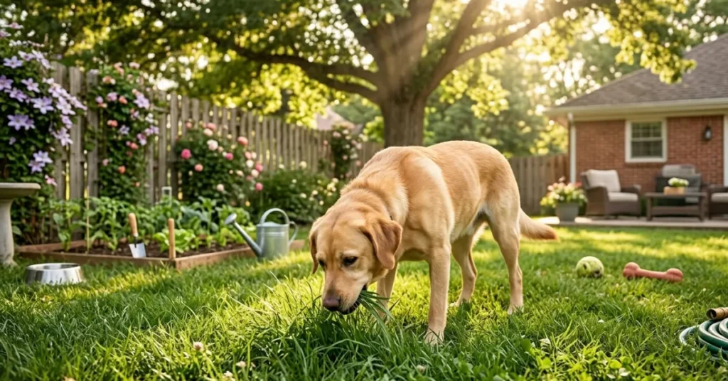 golden retriever dog eating grass in sunny backyard