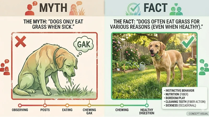 infographic comparing myth and fact about dogs eating grass
